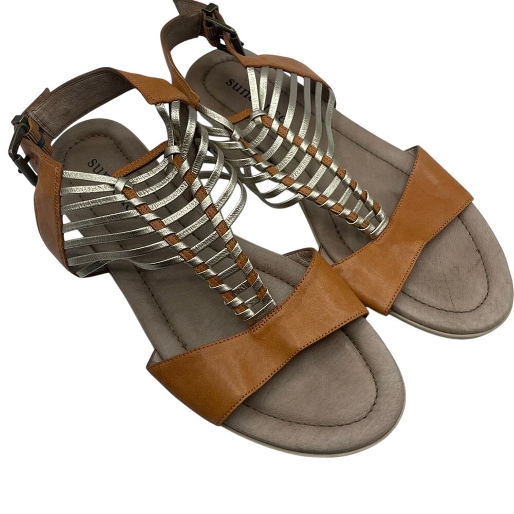 Sundance Tan Leather Gladiator Boho Sandals Gold Womens 38 Flats Beachy Summer